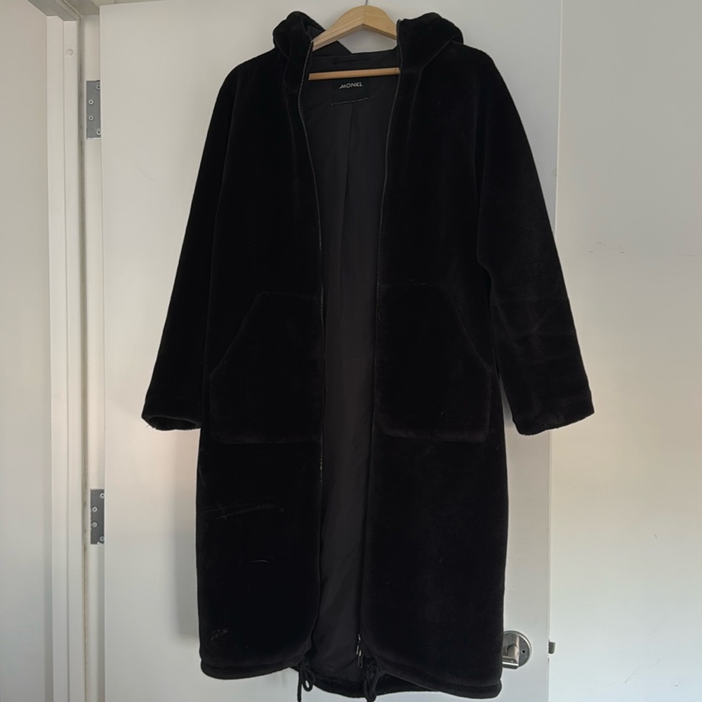 Monki Faux fur hooded full length coat
